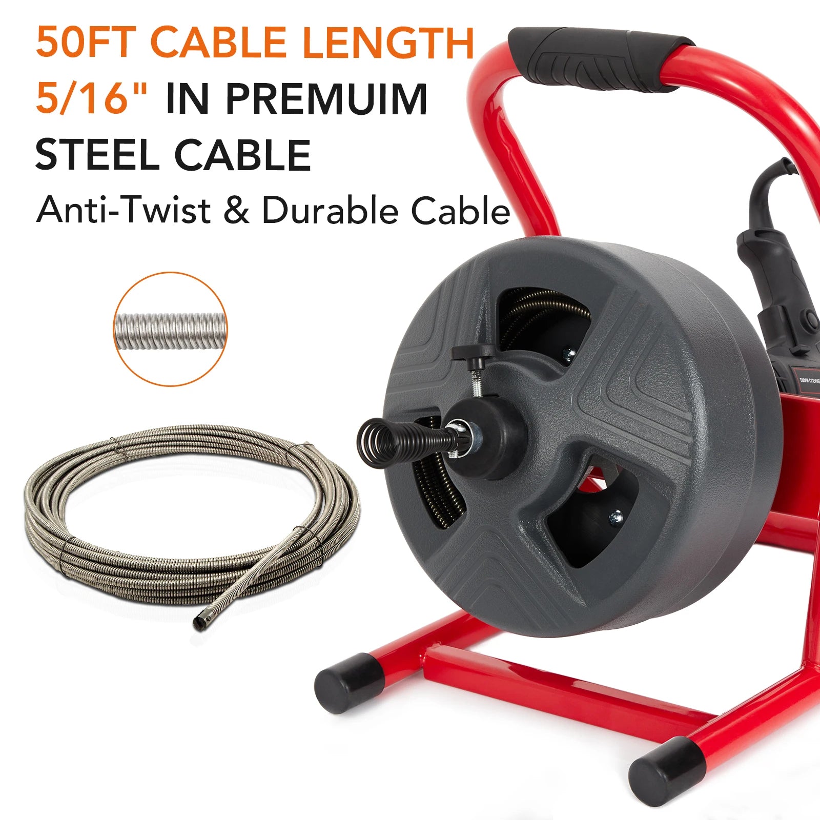 50Ft x 5/16 Inch Drain Cleaner Machine, Drain Auger Professional for 3/4 to 3 Inch Pipes, Foot Switch Drain Auger Cleaner Sewer