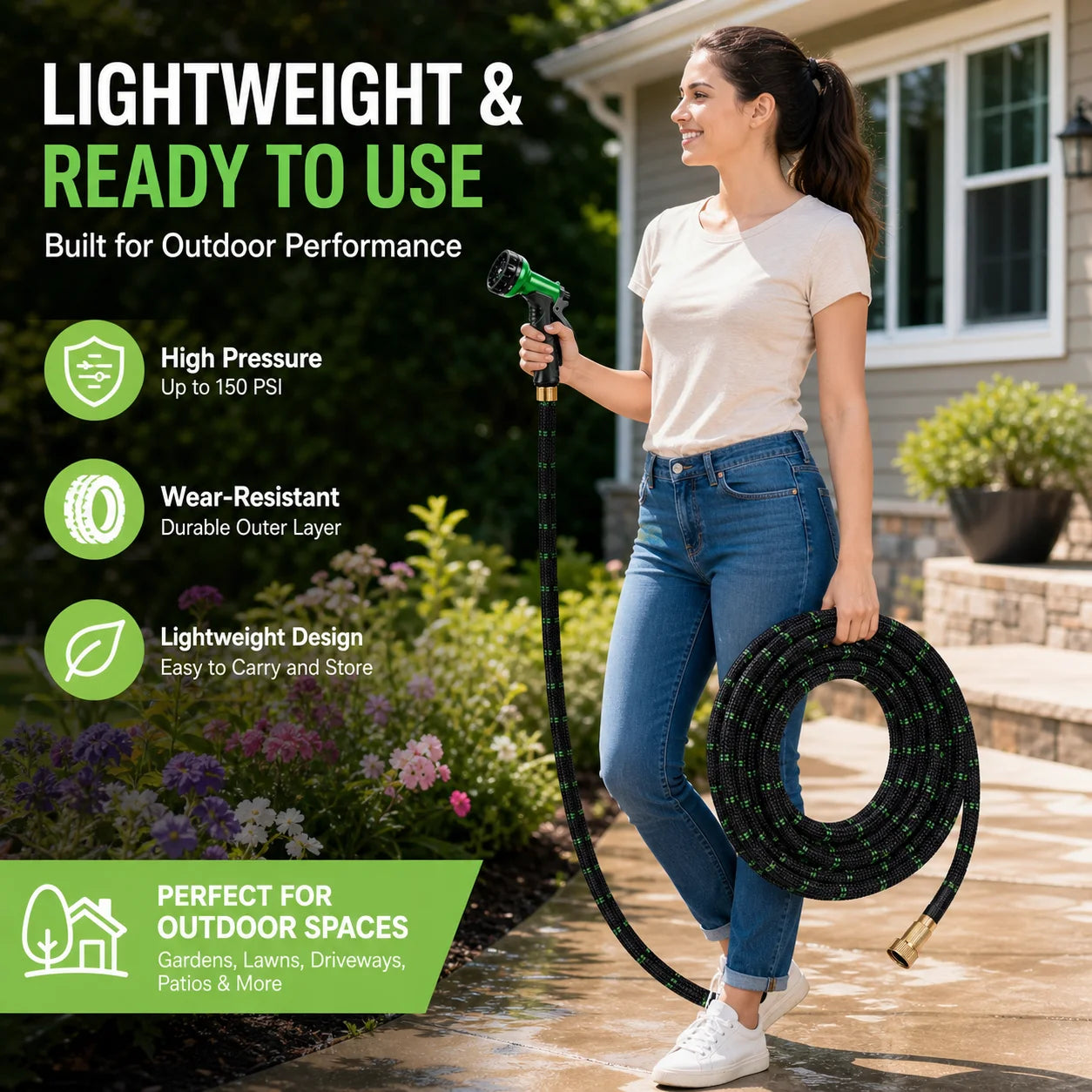 Upgraded Version of 100 Foot Non Retractable Garden Hose, Equipped with 10 Spray Mode Nozzles, lightweight and Flexible, anti Winding, with 3/4 inch Brass Joint, Explosion-Proof and Durable, Suitable for Outdoor Courtyards, L