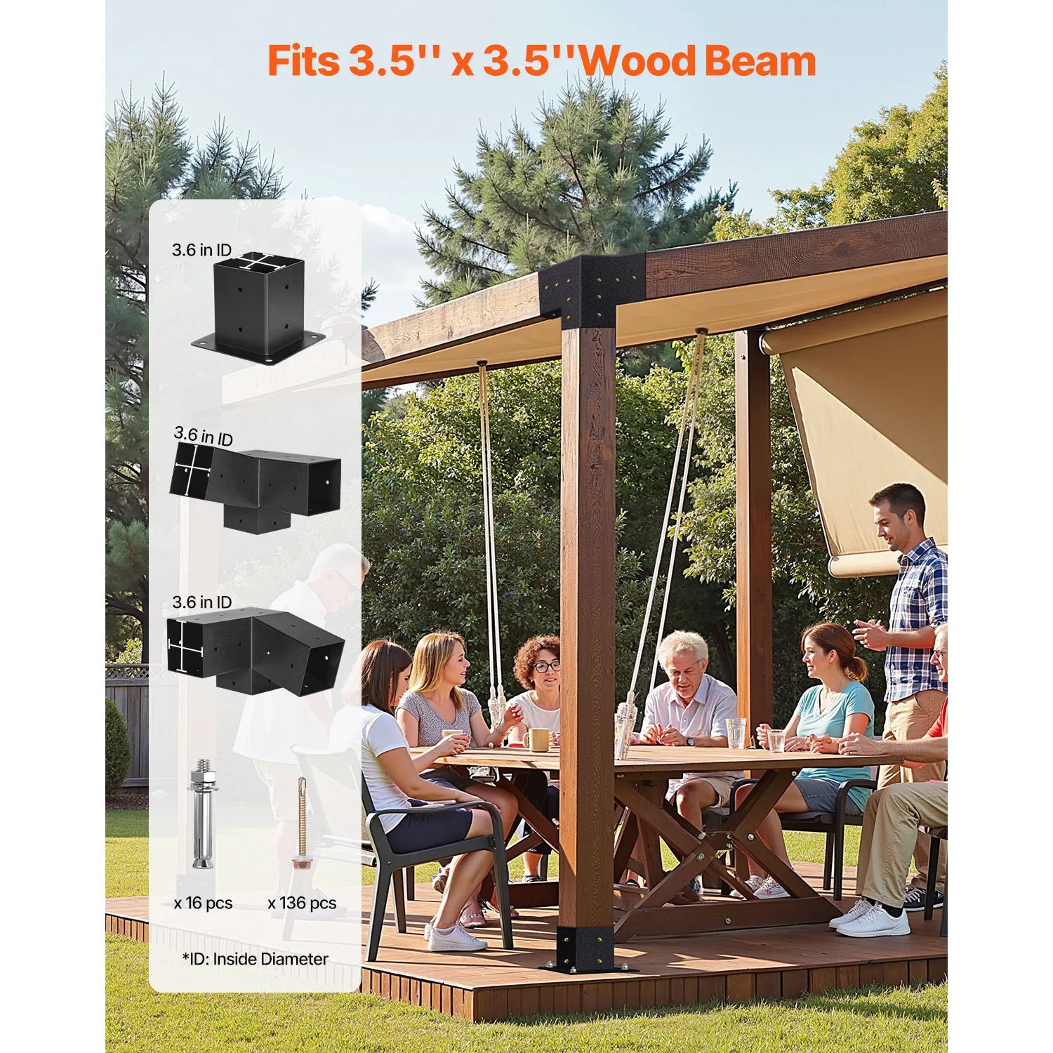 SucceBuy Pergola Kit 4x4 Inch 3-Way Slanted Bracket for 3.5x3.5 Inch Wood Beams, Carbon Steel Pergola Bracket for Gazebos Sheds