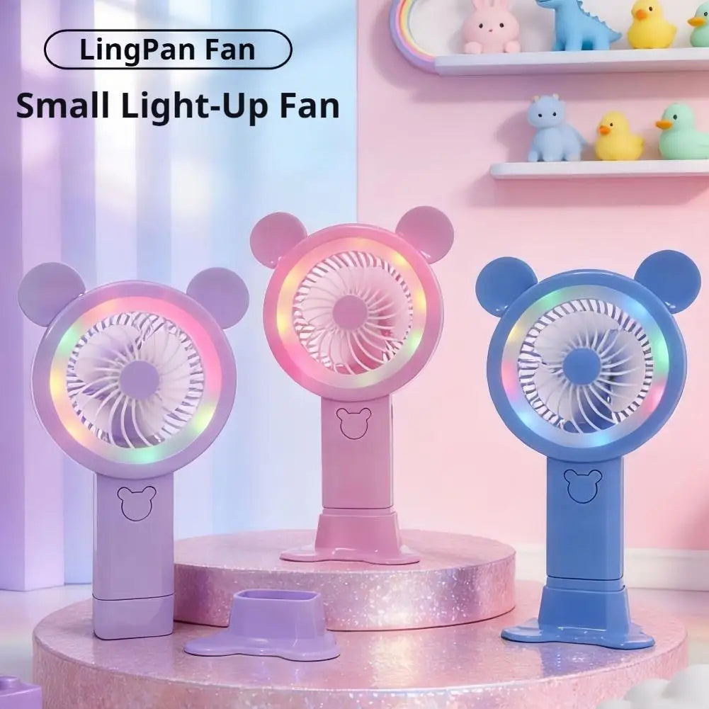2026 New Gradient Light Handheld Mini Fan Portable Lovely Pink Cartoon Windy Fan Cute Round Ears Desktop Small Electric Fan