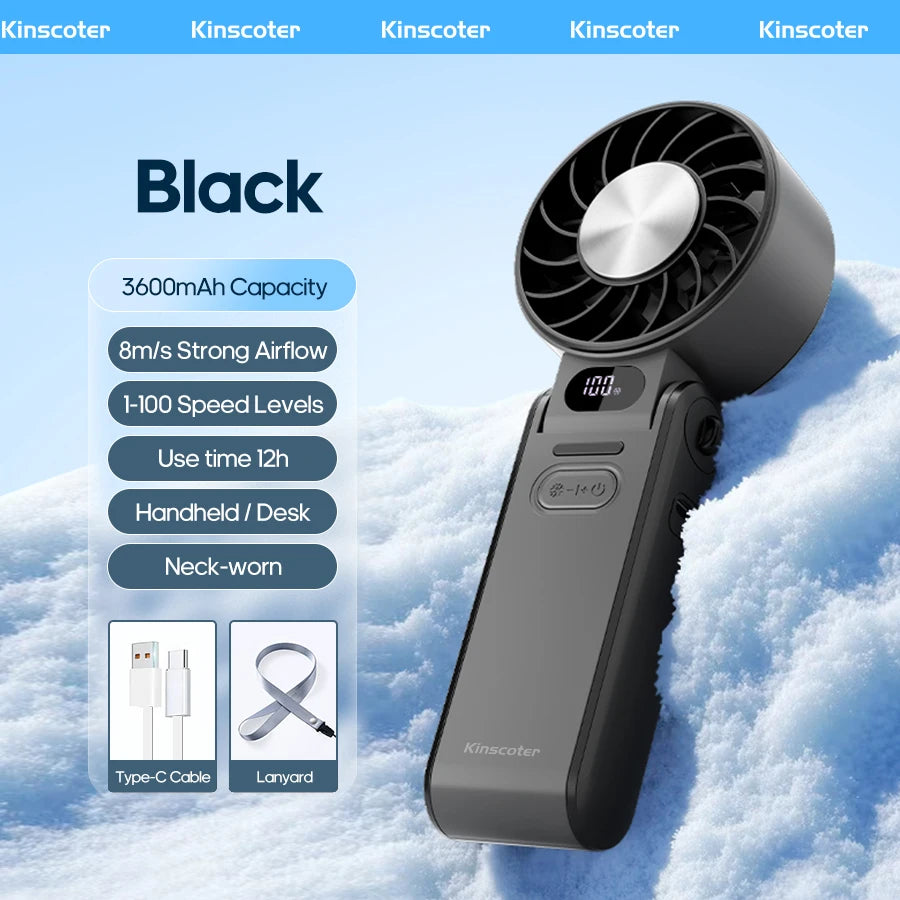 KINSCOTER Portable Air Cooling Turbo Fan 3600mAh 100 Wind Speeds Adjustable Outdoor Foldable Student Handheld Fan with Lanyard