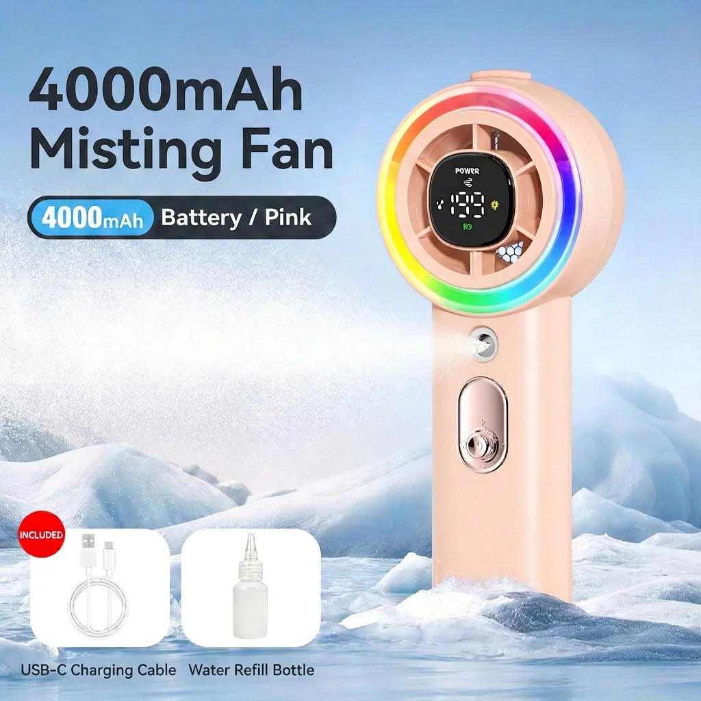 Handheld Fan with Mist Spray Cooling Portable Fan 4000mAh Battery 30ml Water Tank Personal Mini Fan for Camping Journey Travel
