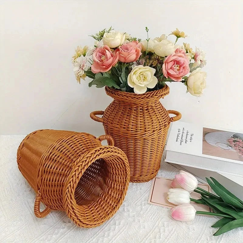 1pc Classic Style Woven Rattan Flower Basket, Durable And Washable, ChineseRetro Flower Arrangement, Practical Home Decorations