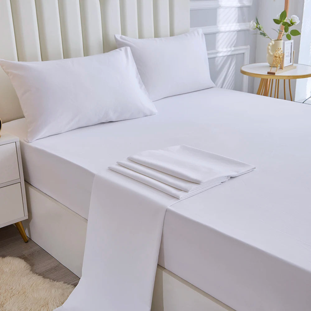 3/4pcs Solid Beding Set, Waterproof Fitted sheet & Bed Sheet & Pillowcases Soft, Queen, KIng, Full, Twin Size
