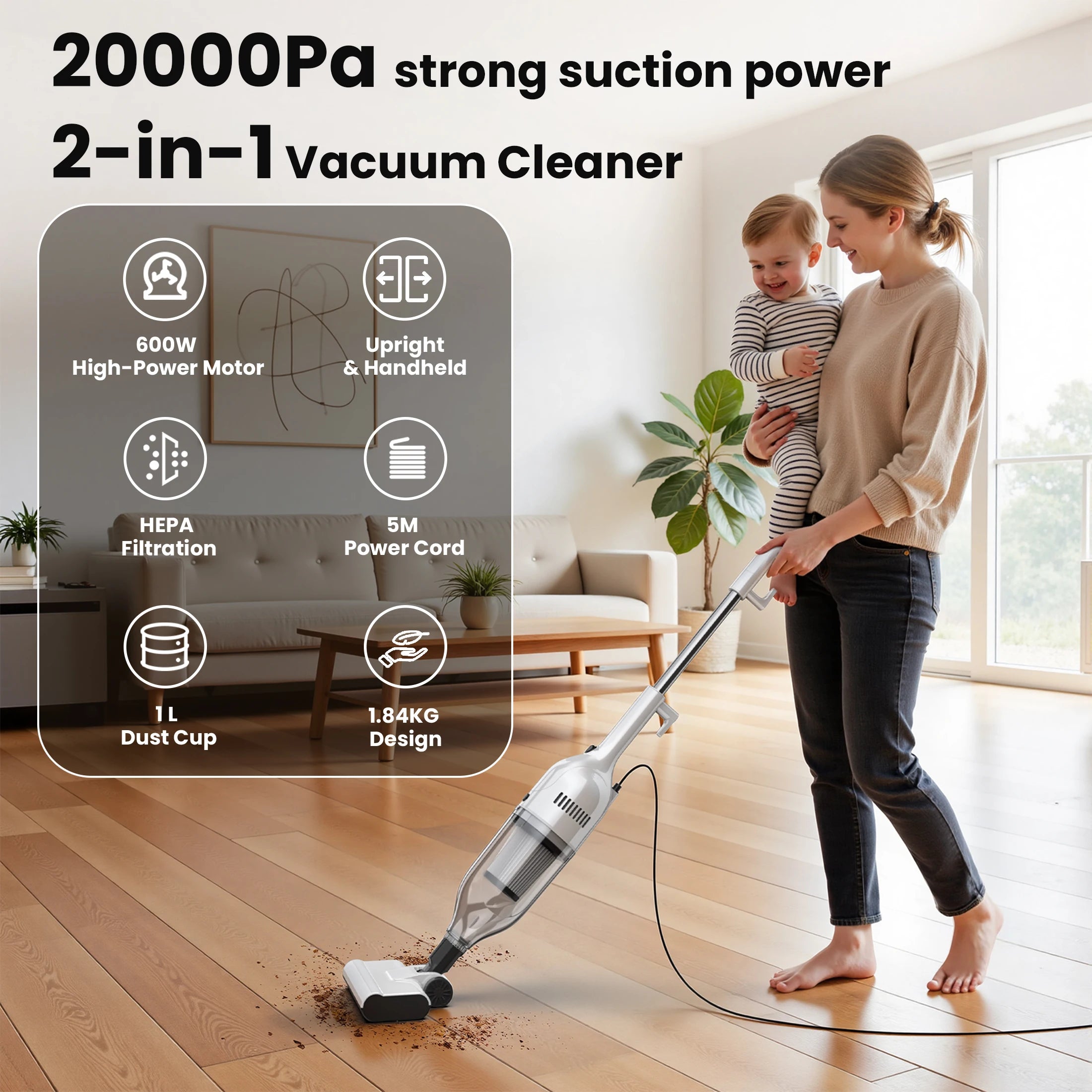 INSE R7 Corded Vacuum Cleaner, 20Kpa 600WPowerful Suction Handheld Stick Vacuum With 16Ft Cord, 2 in 1 Lightweight Vacuum Cleaner for Hard Floor Pet Hair