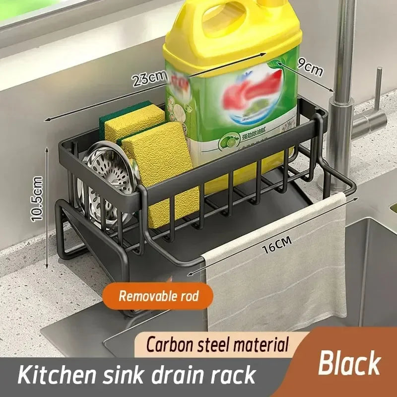 1Pc Multifunctional Plastic Kitchen Shelf Rag Storage Drainage Shelf,No-Punch Adhesive Spice Rack,Sink Tap Drain Rack with Hooks