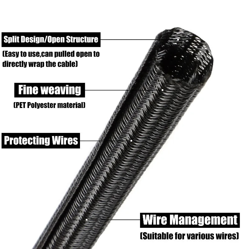 2/10m Black PET Braided Self-Closing Cable Sleeve Dia 3mm ~ 50mm Wear Resistant Insulated Wire Organizer Cable Management Sheath