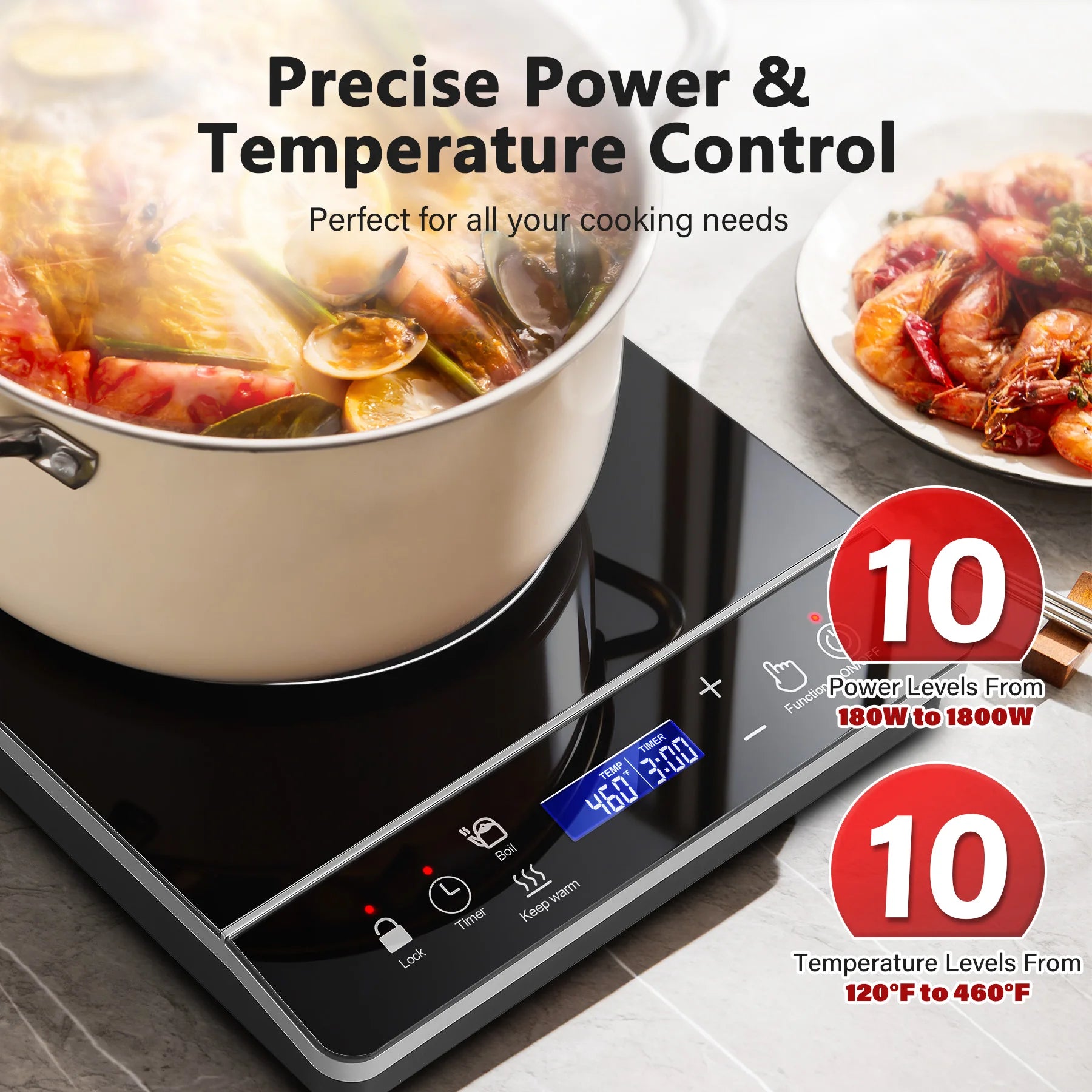 Portable Induction Cooktop 1800W, 20 Modes, 3H Timer, Touch Control, Child Lock, Auto Shut-off, ETL Certified