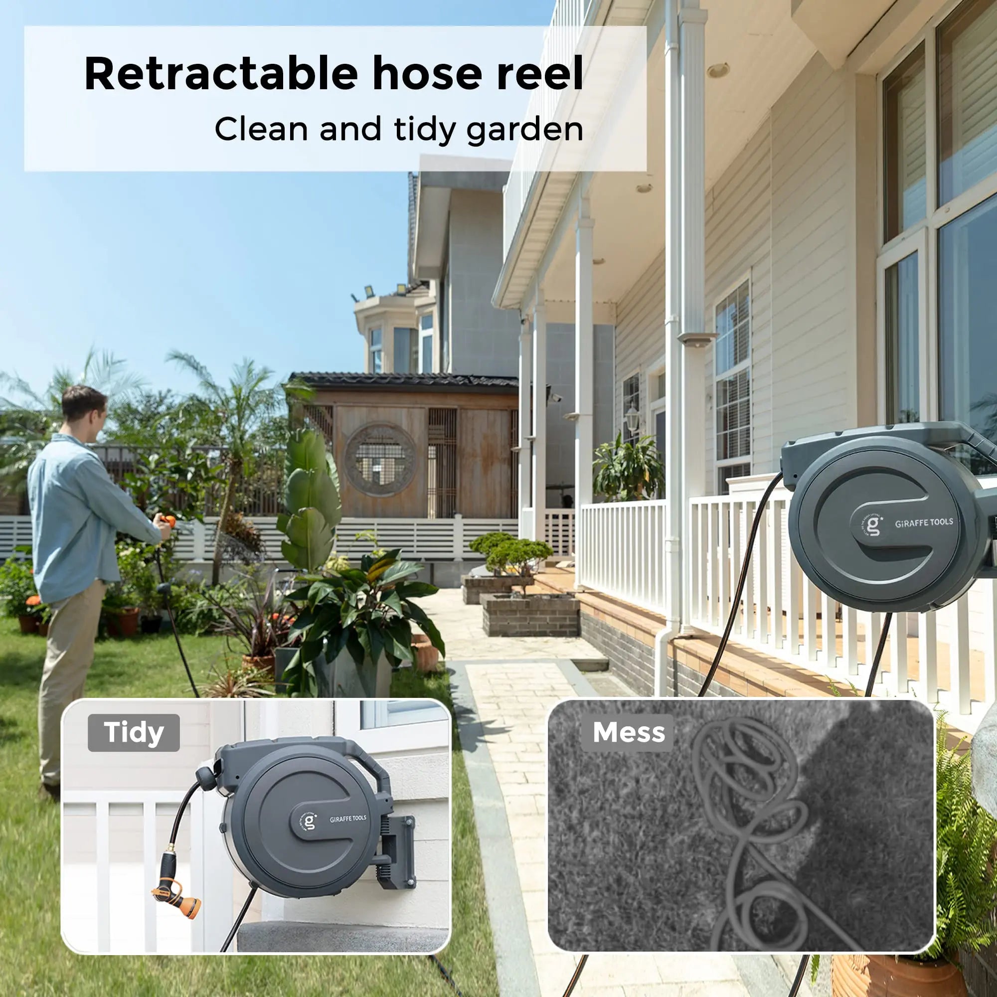 Giraffe Tools AW40 Retractable Hose Reel 5/8" x 90 ft Wall Mounted Garden Hose Reel Heavy Duty, Automatic Rewind