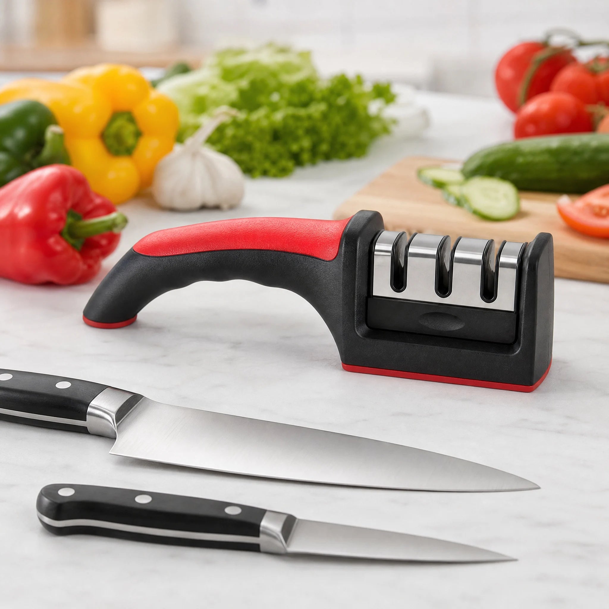 3-in-1 Knife Sharpener with 3 Tungsten Steel Stages, 21cm Sharpener for Chef & Kitchen Knives, Coarse Medium Fine