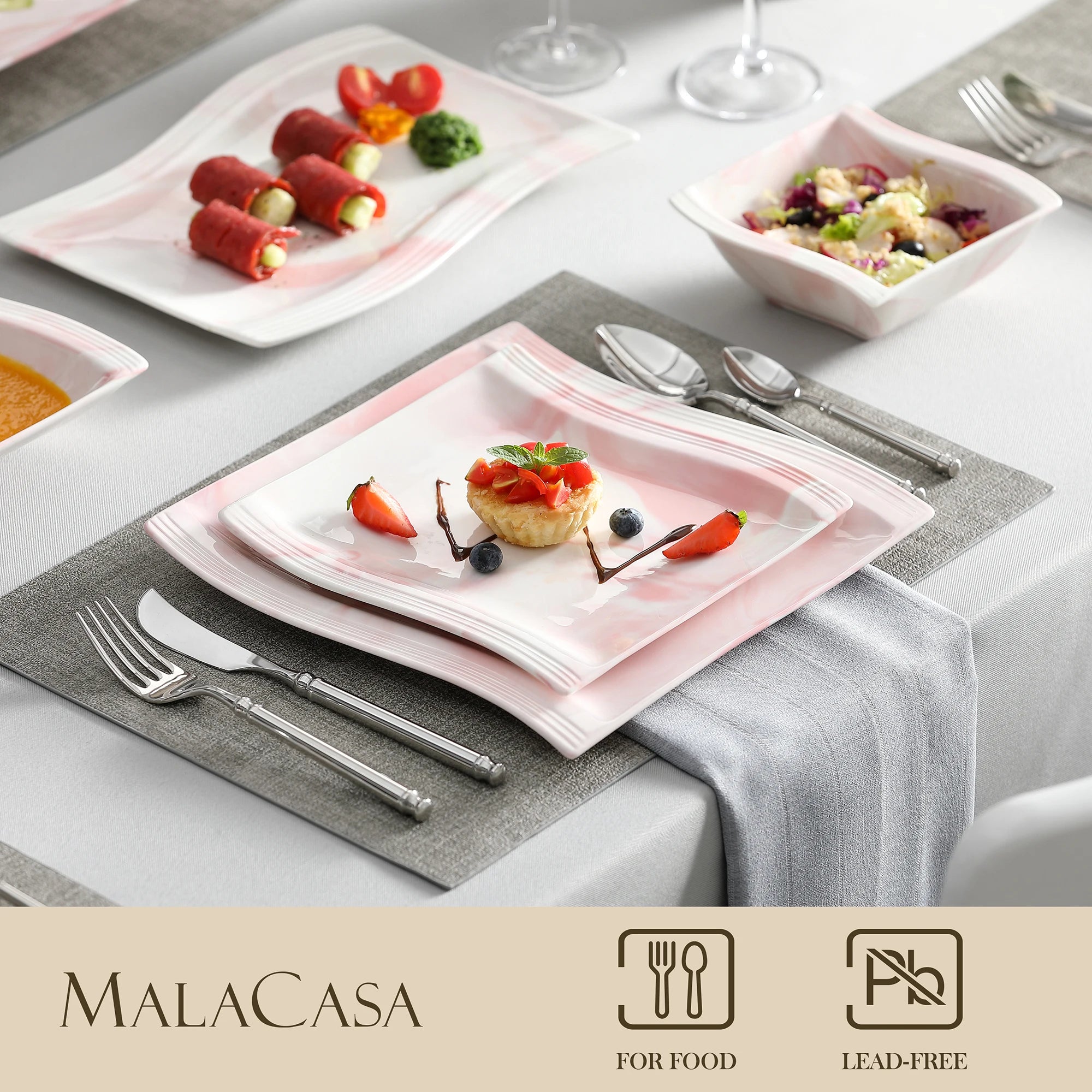 MALACASA FLORA 26-PIECE Nordic European Marble Pink Porcelain Tableware Set with Bowl,Dinner Plate,Dessert&Soup Plate Set for 6