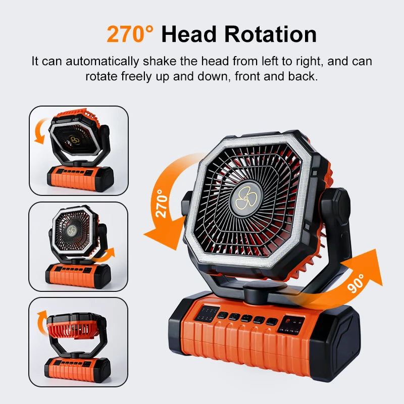 Camping Fan 20000mAh Battery Powered Fan Rechargeable with LED Light Portable Outdoor Tent Fan with Hanging Hook 4 Speeds Wind