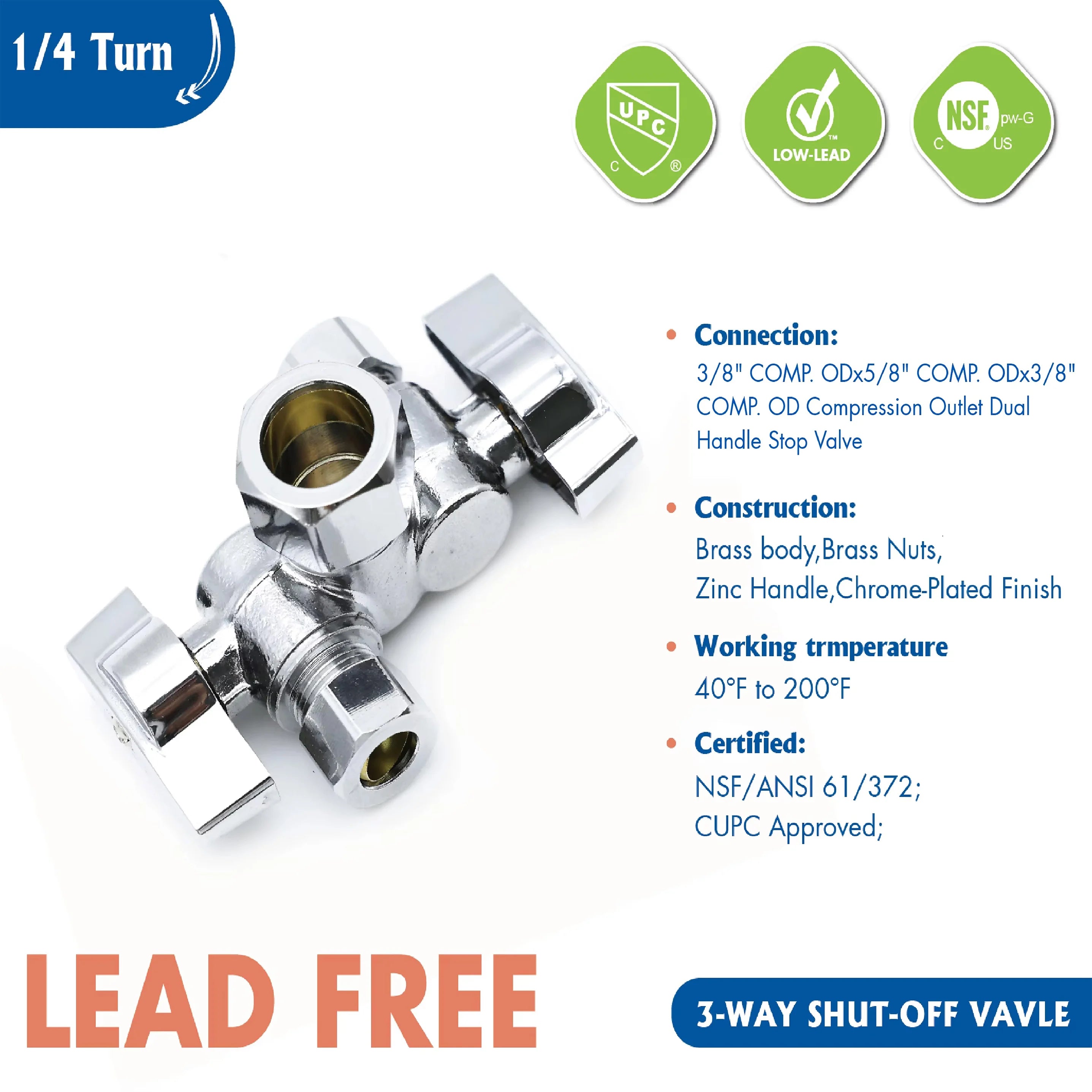 KING SMART 3/8" * 5/8" * 3/8" Comp. OD; 1/4 Turn Dual Handle Compression Stop Valve; 2Pcs/Case; 80407