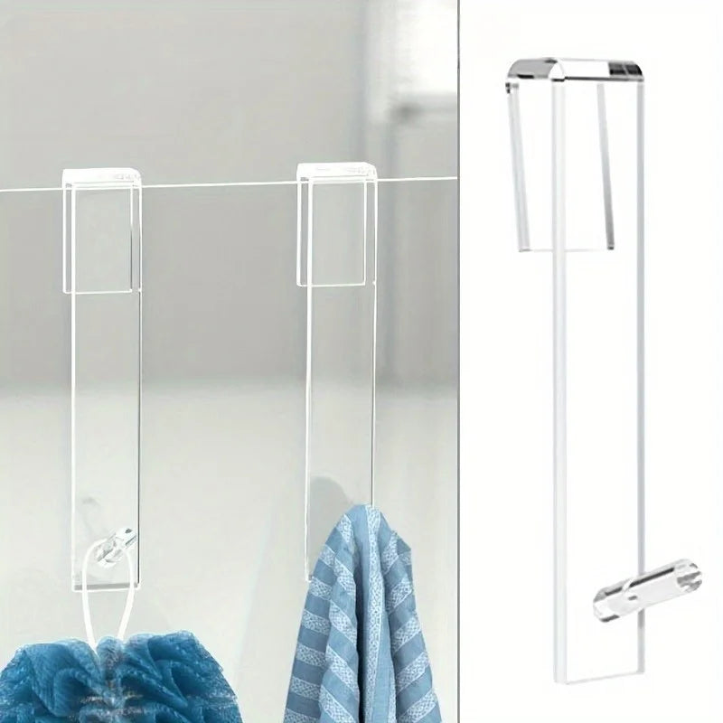 Punch-Free Transparent Acrylic Bathroom Shower Door Hook | Over Glass Door Shower Towel Rack, Bathroom Bathrobe Hanger
