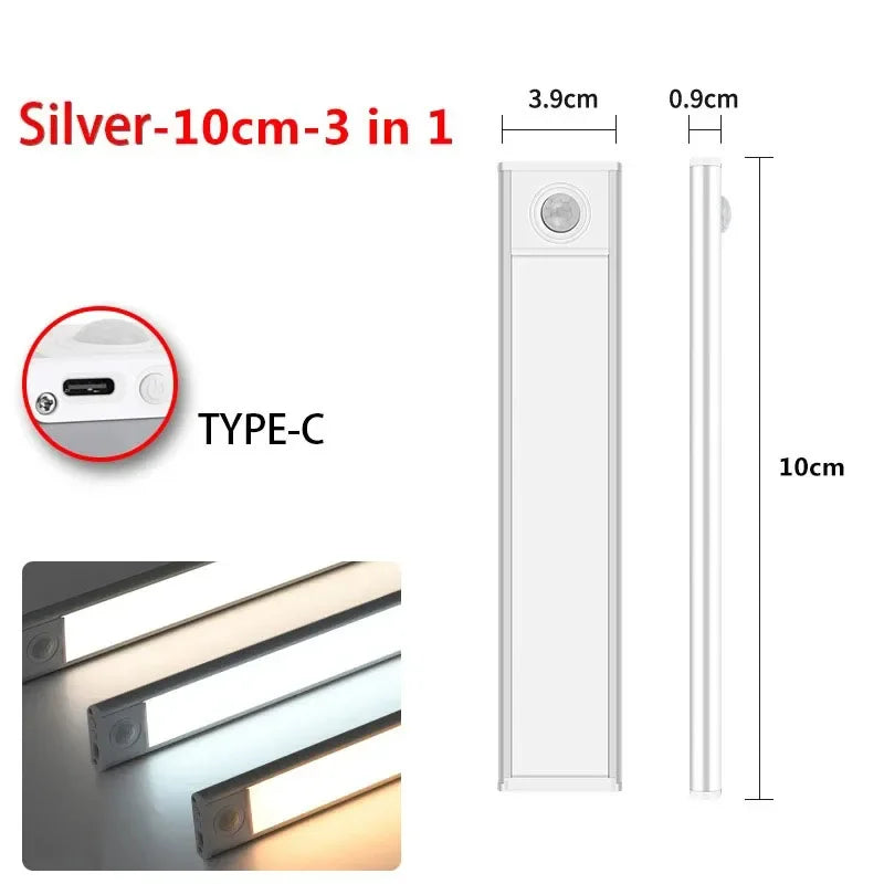 3 in 1 LED Under Cabinet Lights Motion Sensor Night Light Ultrathin Rechargeable Led Lamp Closet Kitchen Cabinet Indoor Lighting