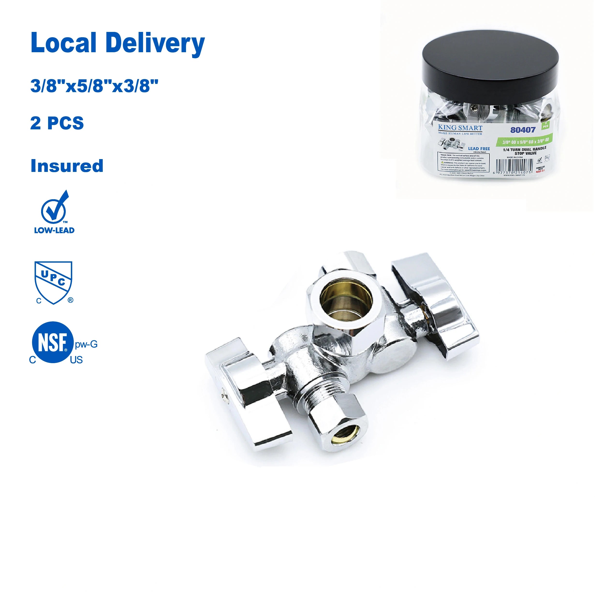 KING SMART 3/8" * 5/8" * 3/8" Comp. OD; 1/4 Turn Dual Handle Compression Stop Valve; 2Pcs/Case; 80407