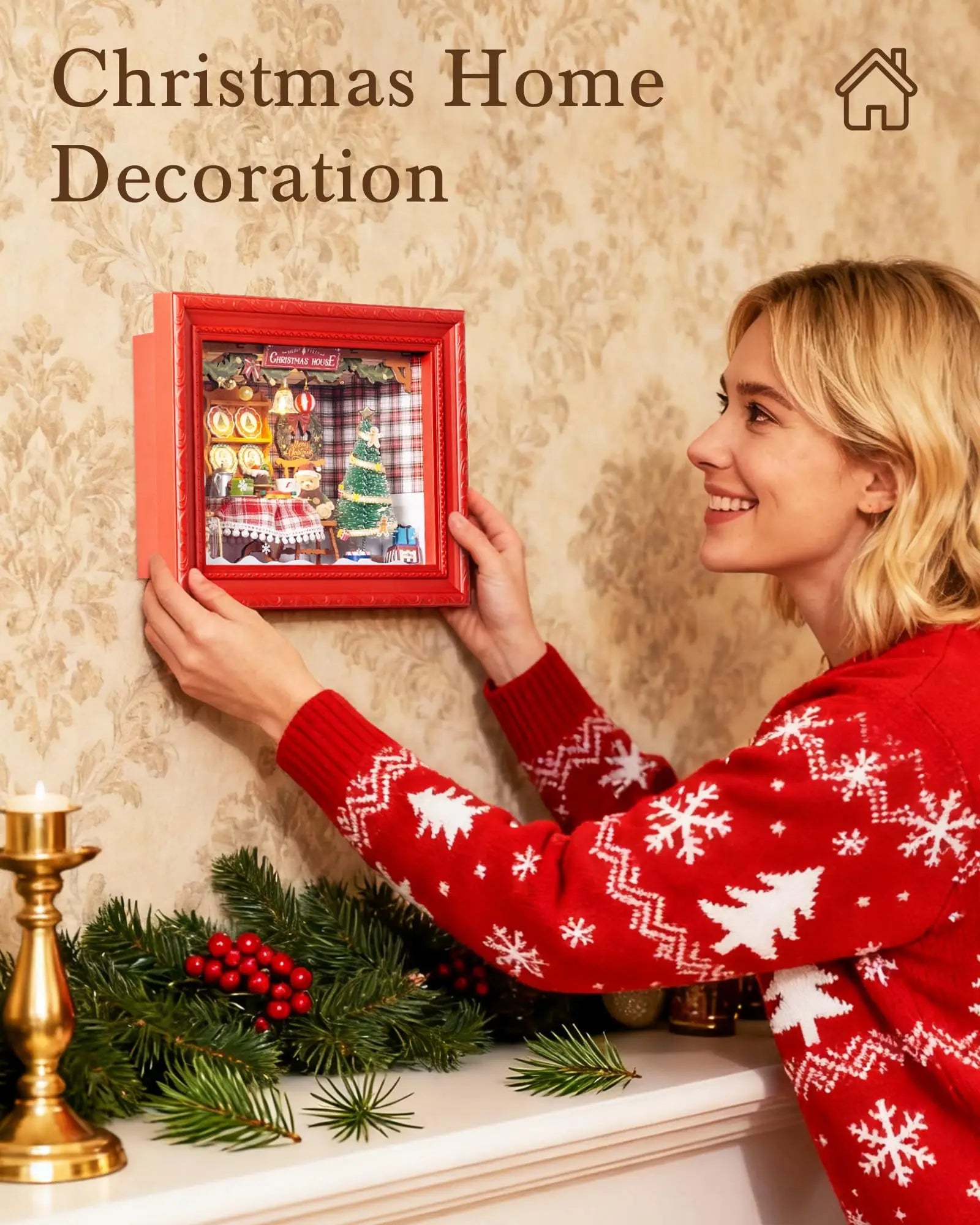 Rolife Christmas Eve Party 3D LED Diorama Snap Together Wooden Puzzle Kit for Wall Tabletop Festive Home Decor Gift for Adults