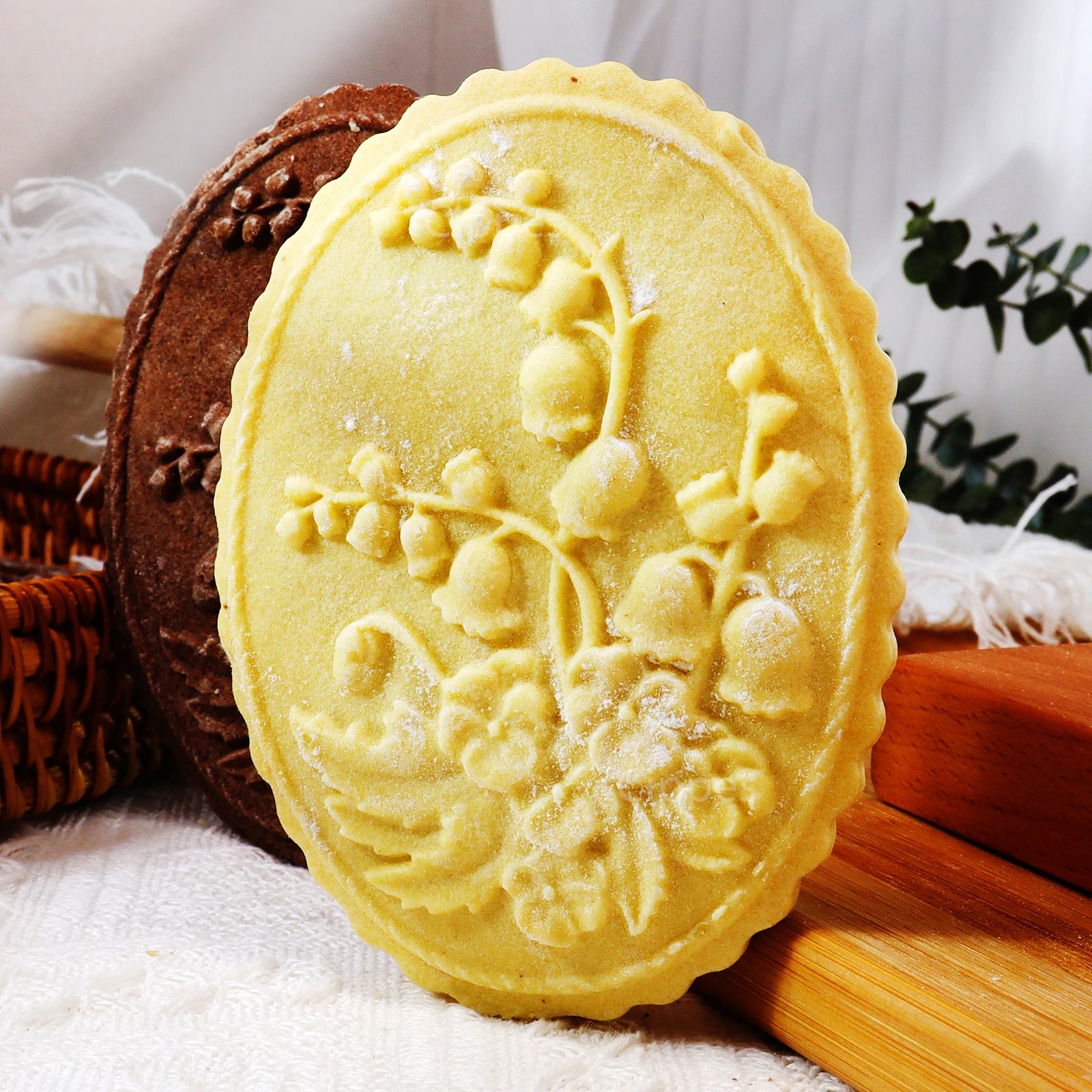 1PC Wood Cookie Mold with Flower Patterns, Christmas 3D DIY Carved Embossed Cookie Cutter Moulds for Baking, Fondant Biscuit