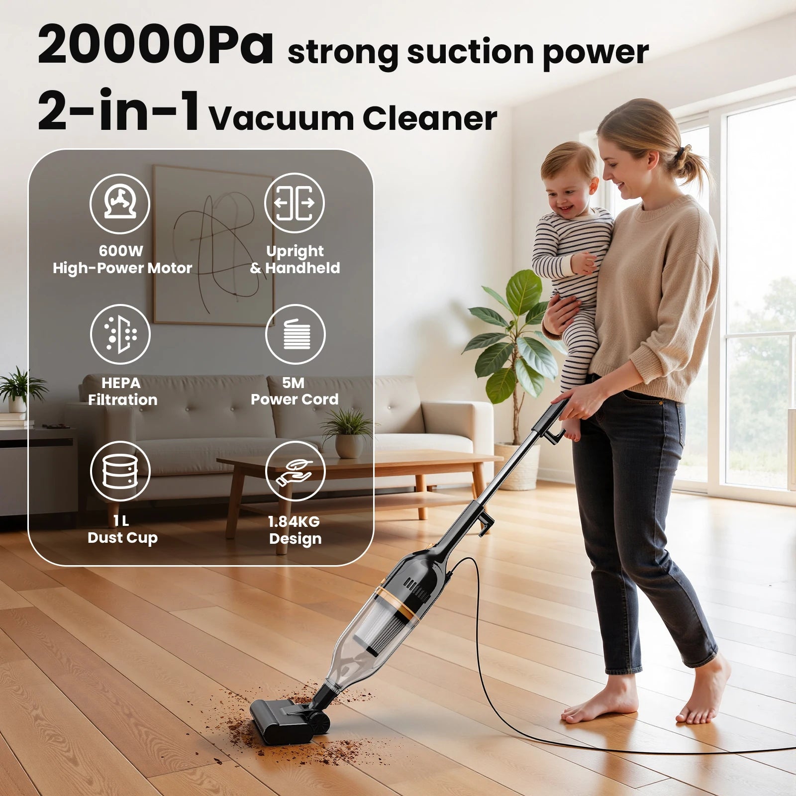 Vastorm R7 Corded Stick Vacuum Cleaner 600W 20Kpa Powerful 3 in 1 Lightweight Cleaner Low Noise Efficient Cleaning for Hardwood Floor Carpet Pet Hair Clean