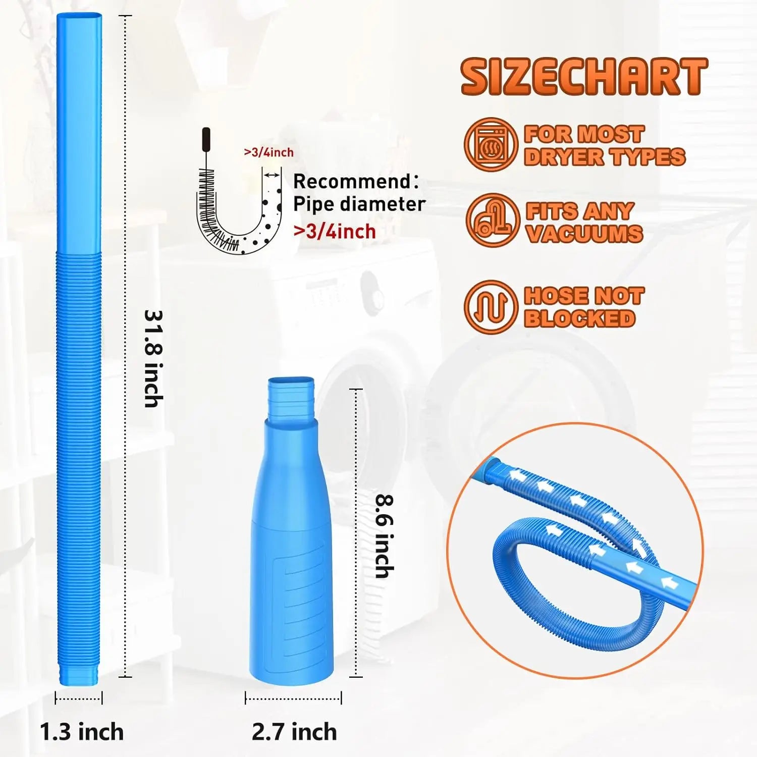 Vacuum Attachment for Dryer Vent Cleaning - Various Combinations for Lint Removal with Power Washer And Vacuum Hose to Efficiently Eliminate Lint