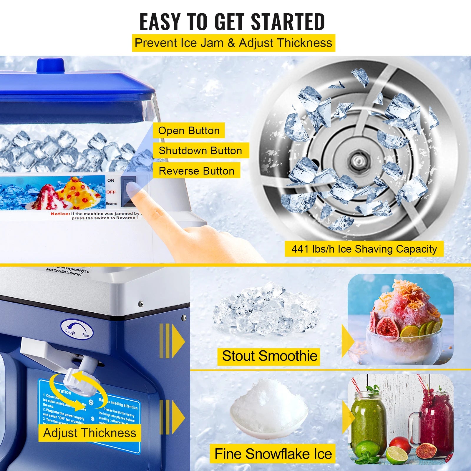 SucceBuy Commercial Ice Shaver Crusher 441LBS/H with 11LBS Hopper Electric Snow Cone Maker For Parties Events Snack Bar