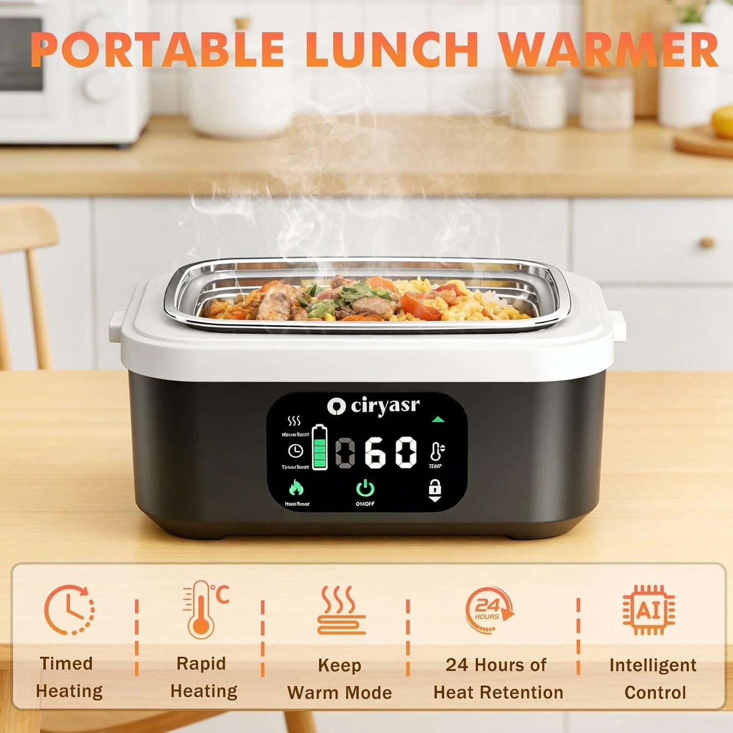 Powerful Electric Lunch Box, 1.35L 20000mAh Battery Powered Heated Lunch Box, Fast Heating&Long Lasting, Food Warmer with Stainless Steel Tableware and Insulated Bag for Car Office Camping Picnic