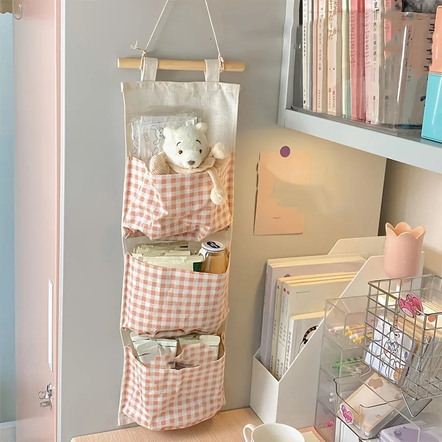 Pink Storage Bag Rack Canvas Wall Mounted Bedroom Storage Bag Multifunctional for Books, Jewelry, and Miscellaneous Items