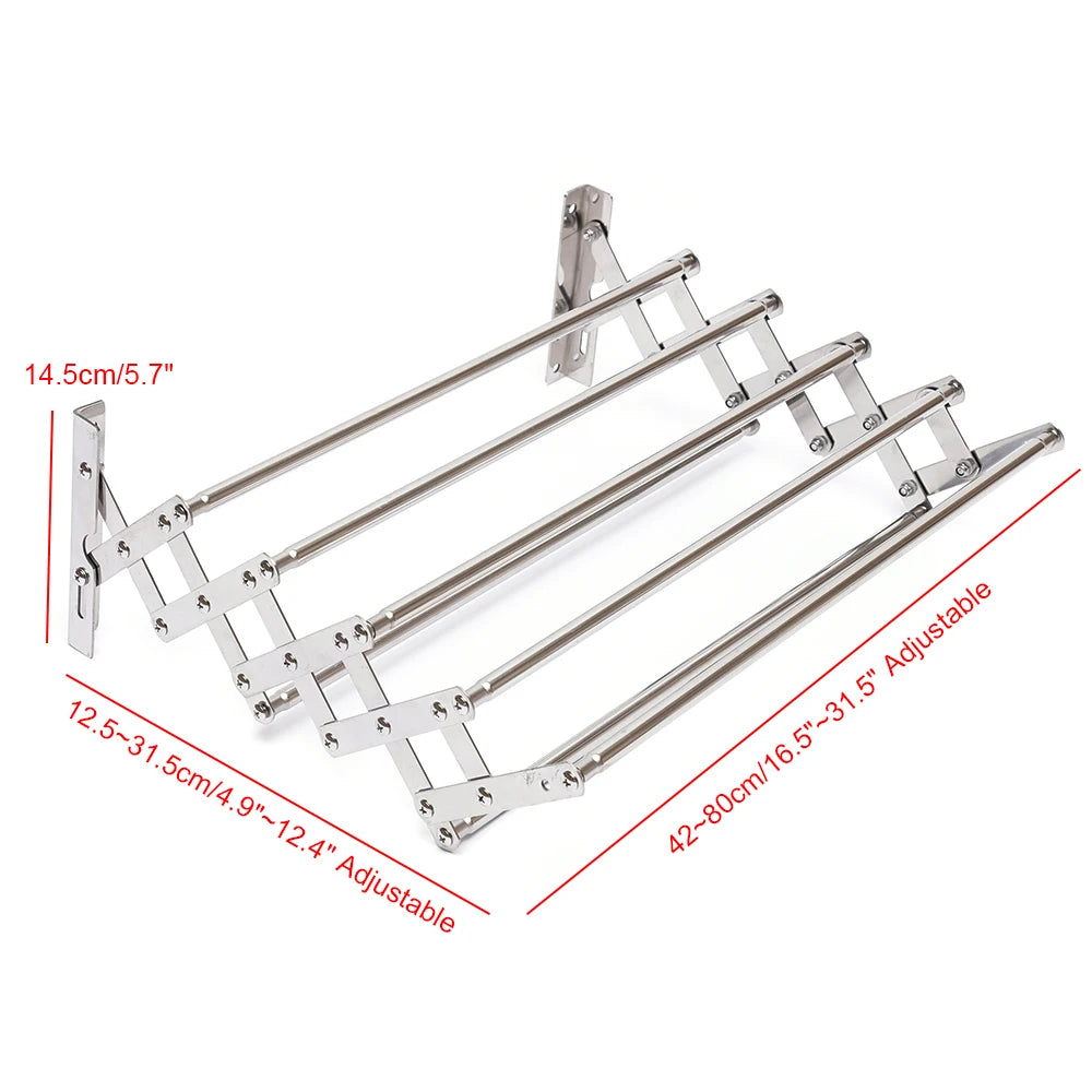 Stainless Steel Wall Mounted Laundry Drying Rack Length Adjustable 42~80cm, Foldable Towel Holder Bathroom Easy To Install