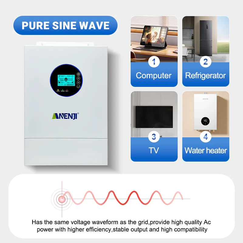 ANENJI Split-phase 120V/240V 12KW Hybrid Solar Inverter Pure Sine Wave Built-in 200a MPPT Solar Charge Controller With CT Sensor