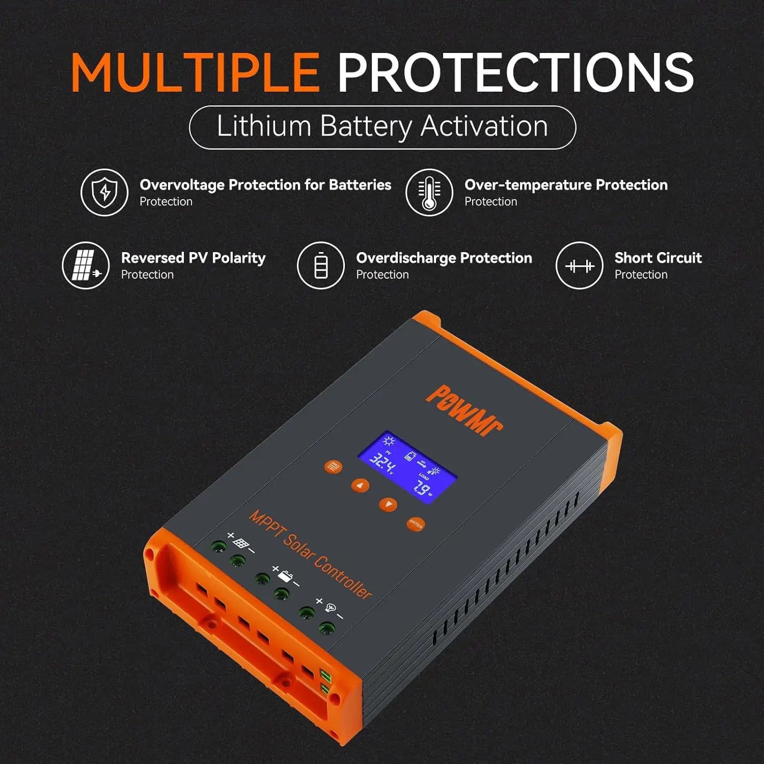 PowMr 60A MPPT Solar Charger Controller 12V/24V/36V/48V LCD Dispaly Max Solar Panel PV 160V Support Parallel Max 12 Units Fit for Home RV Boat Camp