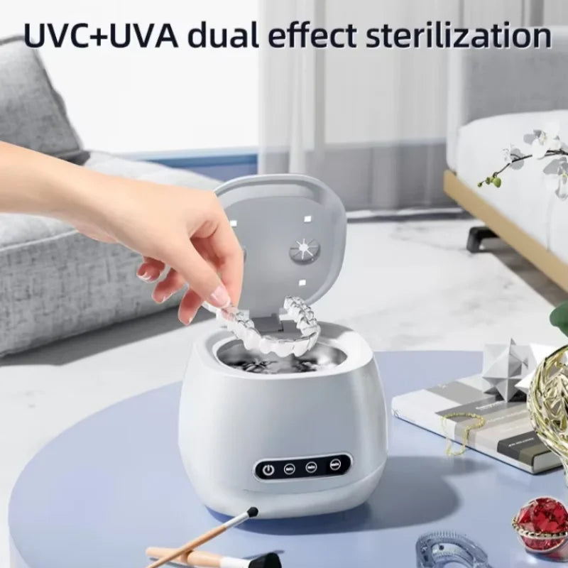 Portable 48KHZ Ultrasonic Denture Cleaner UV Sanitizer Retainer Aligner Cleaning Machine 200ml Travel Braces Pods Jewelry
