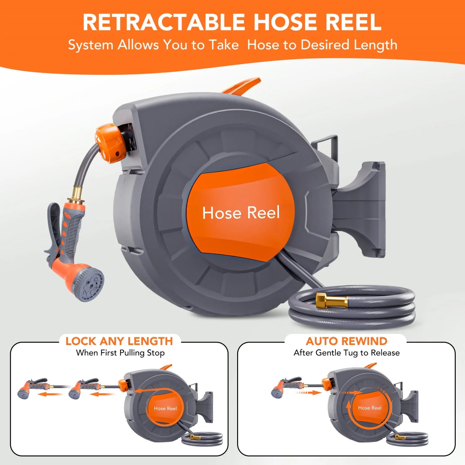 65ft/100ft Retractable Garden Hose Reel, 1/2" ID Automatic Rewind Water Hose, Wall Mounted Hose Reel with 9-Pattern Nozzle, Any Length Lock & 180° Swivel Bracket for  Yard, Car Wash, Gardening, Pet Wash, Deck