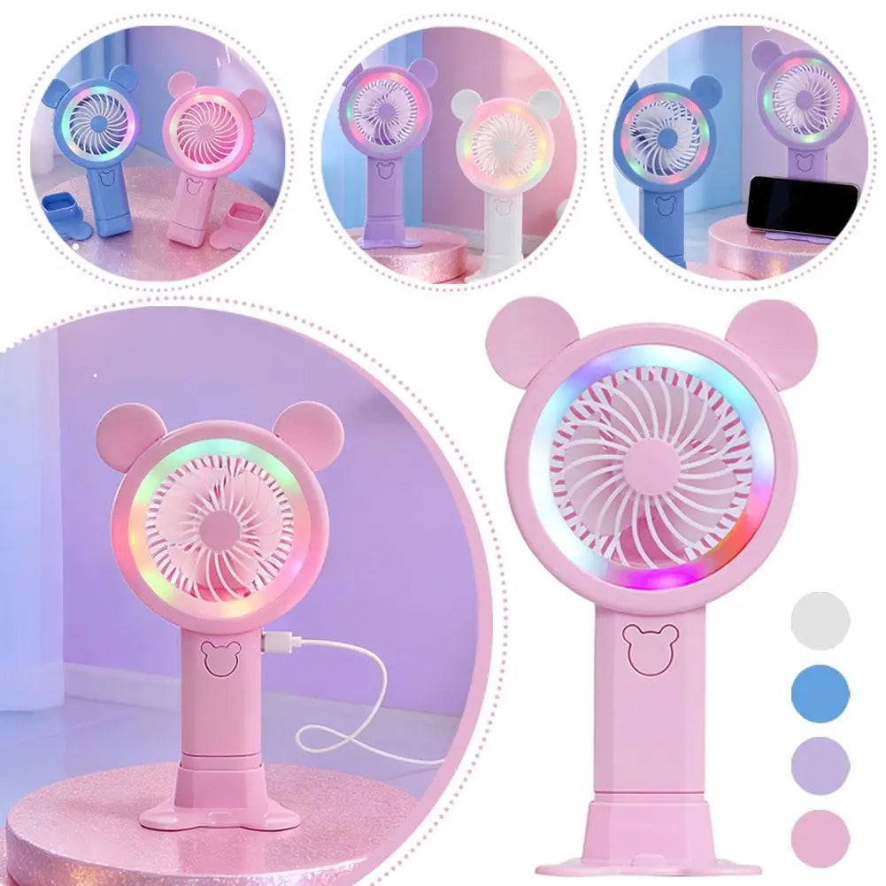 2026 New Gradient Light Handheld Mini Fan Portable Lovely Pink Cartoon Windy Fan Cute Round Ears Desktop Small Electric Fan