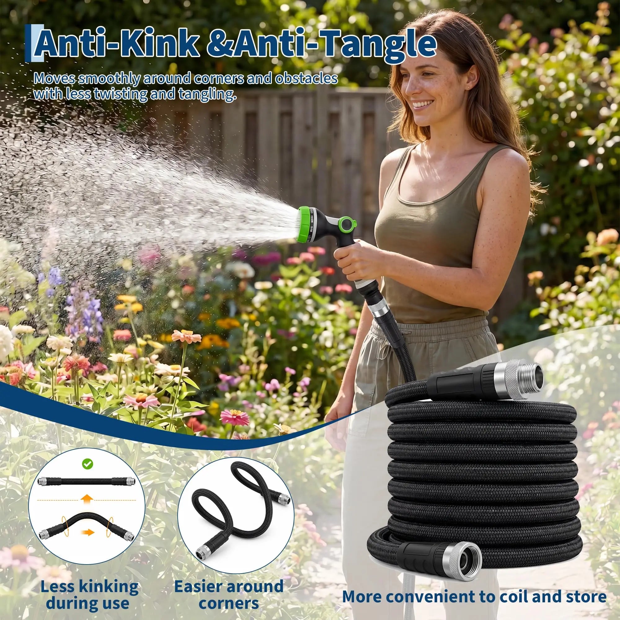 25/50/75/100 FT Non-Expandable Garden Hose, Lightweight Water Hose With TPE Inner Tube, Anti-Kink Braided Hose For Car Wash Yard Patio