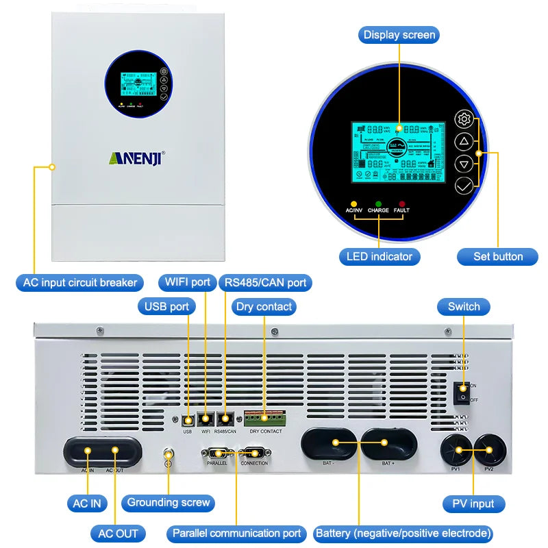 ANENJI Split-Phase 12KW 120v/240v Parallel Solar Inverter Hybrid Dual MPPT Dual Output Built-in MPPT 200A Solar Charger With CT Sensor