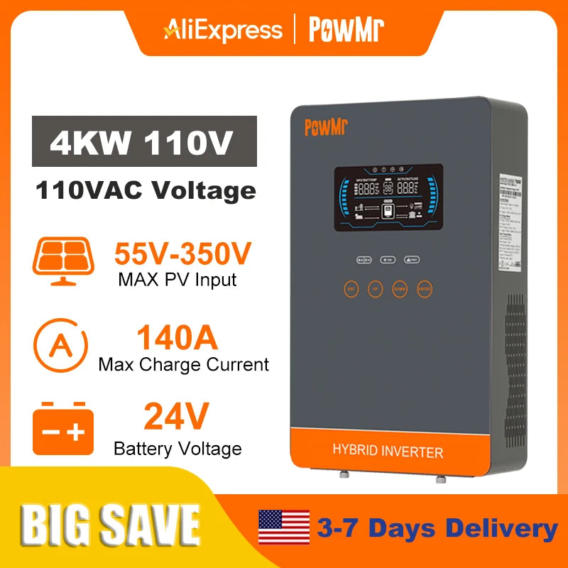PowMr 4000W Hybrid Solar Inverter 24V to 110V Off Grid Inverter Work without Battery with MPPT 140A Solar Battery Charger