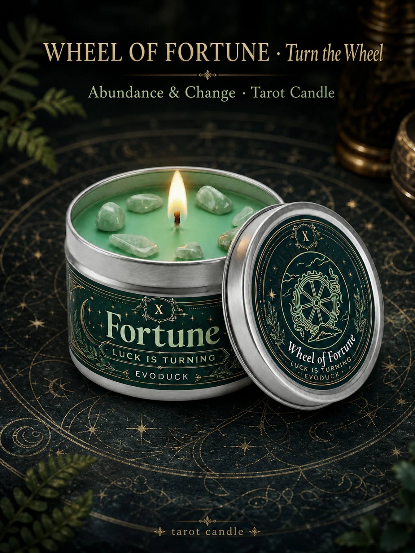 EVODUCK Wheel of Fortune Tarot Candle with Green Crystal Stones, Green Wax Scented Silver Tin Candle, Luck Is Turning Spiritual Ritual Candle for Meditation, Abundance Prosperity, Witchy Altar Decor, New Year Birthday Christm