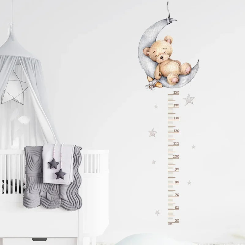 Large Sleeping Elephant Bear Moon Height Measure Wall Stickers for Kids Room Growth Chart Animals Ruller Wall Decals Home Decor