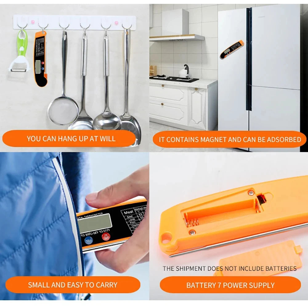 Foldable Digital Food Thermometer - Probe for Meat/Water/Milk/Fry/BBQ, Oven Temperature Gauge, Kitchen Cooking Tool