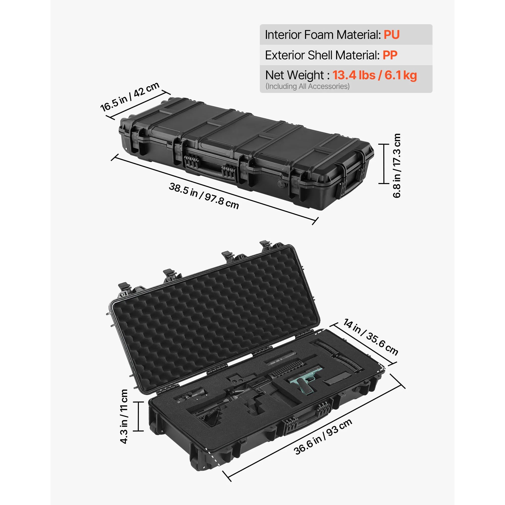 SucceBuy Hard Rifle Case Lockable Rifle Case with Pre-cut Foams Wheels IP67 Waterproof Pistol Storage Cases for Rifles Shotguns