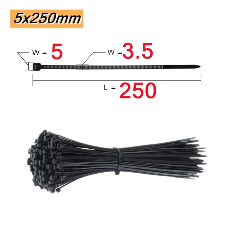 100 Self-Locking Plastic Nylon Cable Ties, 100 Black Cable Ties, Fixed Ring-Style Cable Ties, Zip-Style Fasteners, Nylon Cable Tie Set