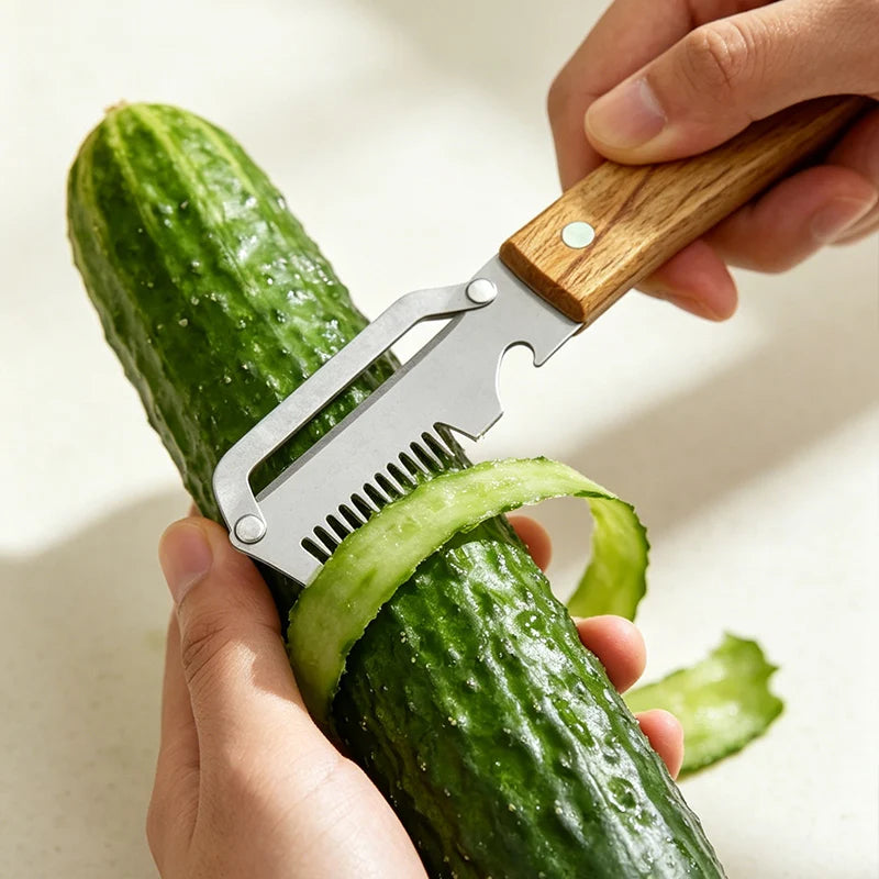 Stainless Steel Vegetable Peeler with Wooden Handle 3-in-1 Fruit Potato Peeler with Bottle Opener Kitchen Peeling Cooking Tools