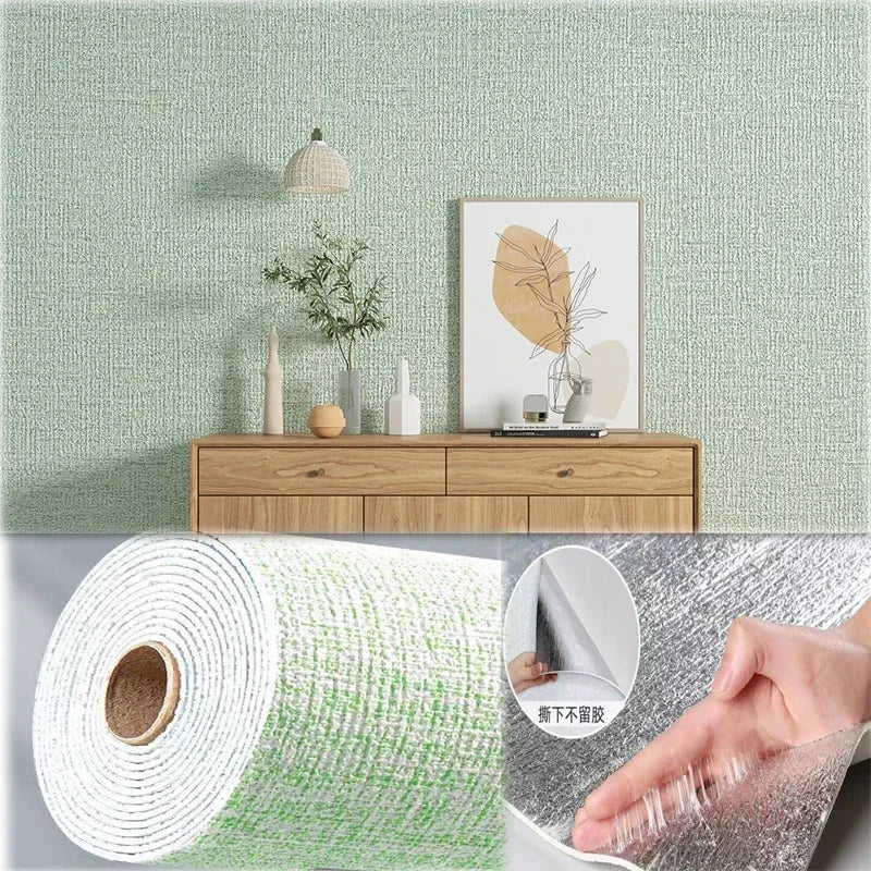50cmX2.8M/10m Linen 3D Foam Self-adhesive Solid Color PVC Thickened Waterproof Background Wall Renovation Wallpaper Wall Sticker