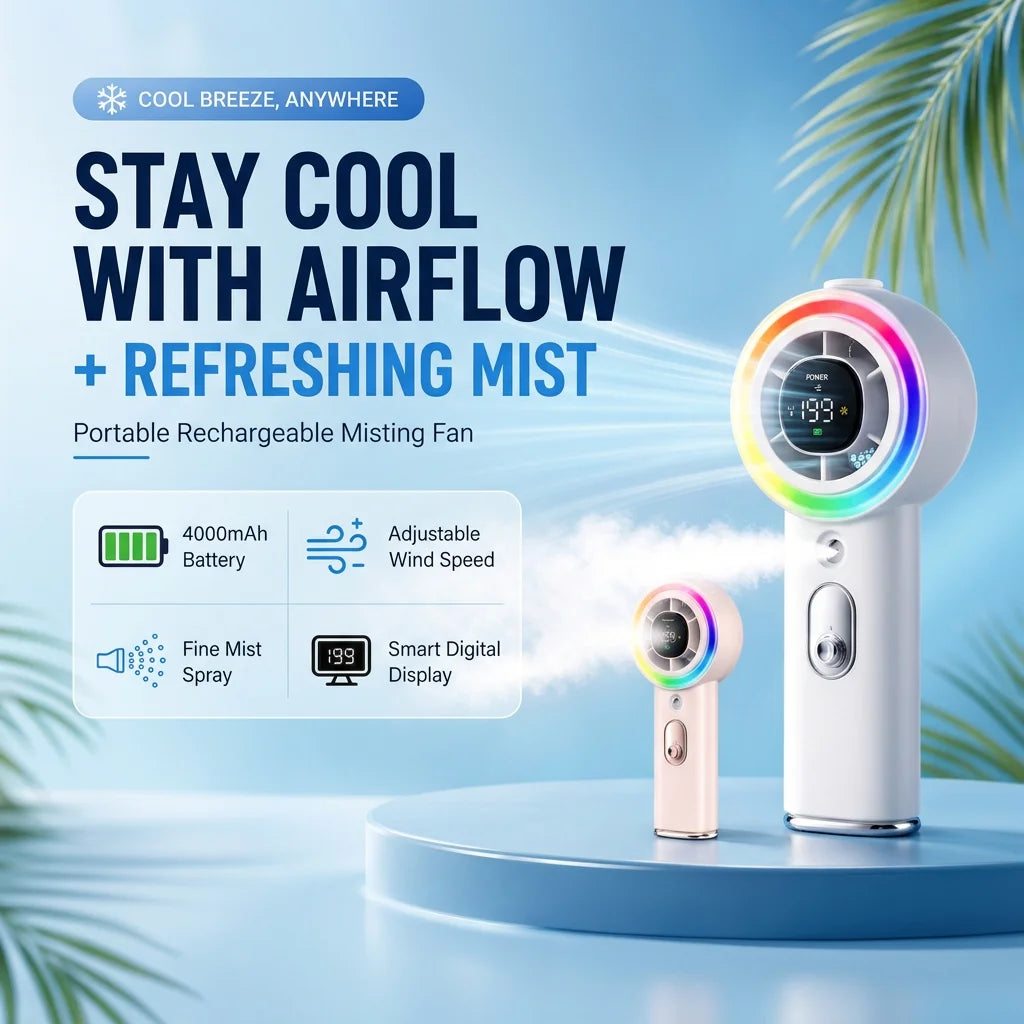 Handheld Fan with Mist Spray Cooling Portable Fan 4000mAh Battery 30ml Water Tank Personal Mini Fan for Camping Journey Travel