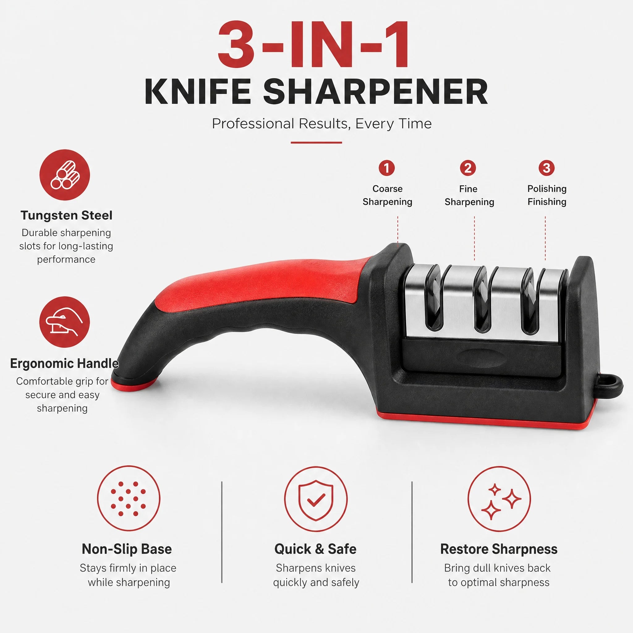 3-in-1 Knife Sharpener with 3 Tungsten Steel Stages, 21cm Sharpener for Chef & Kitchen Knives, Coarse Medium Fine