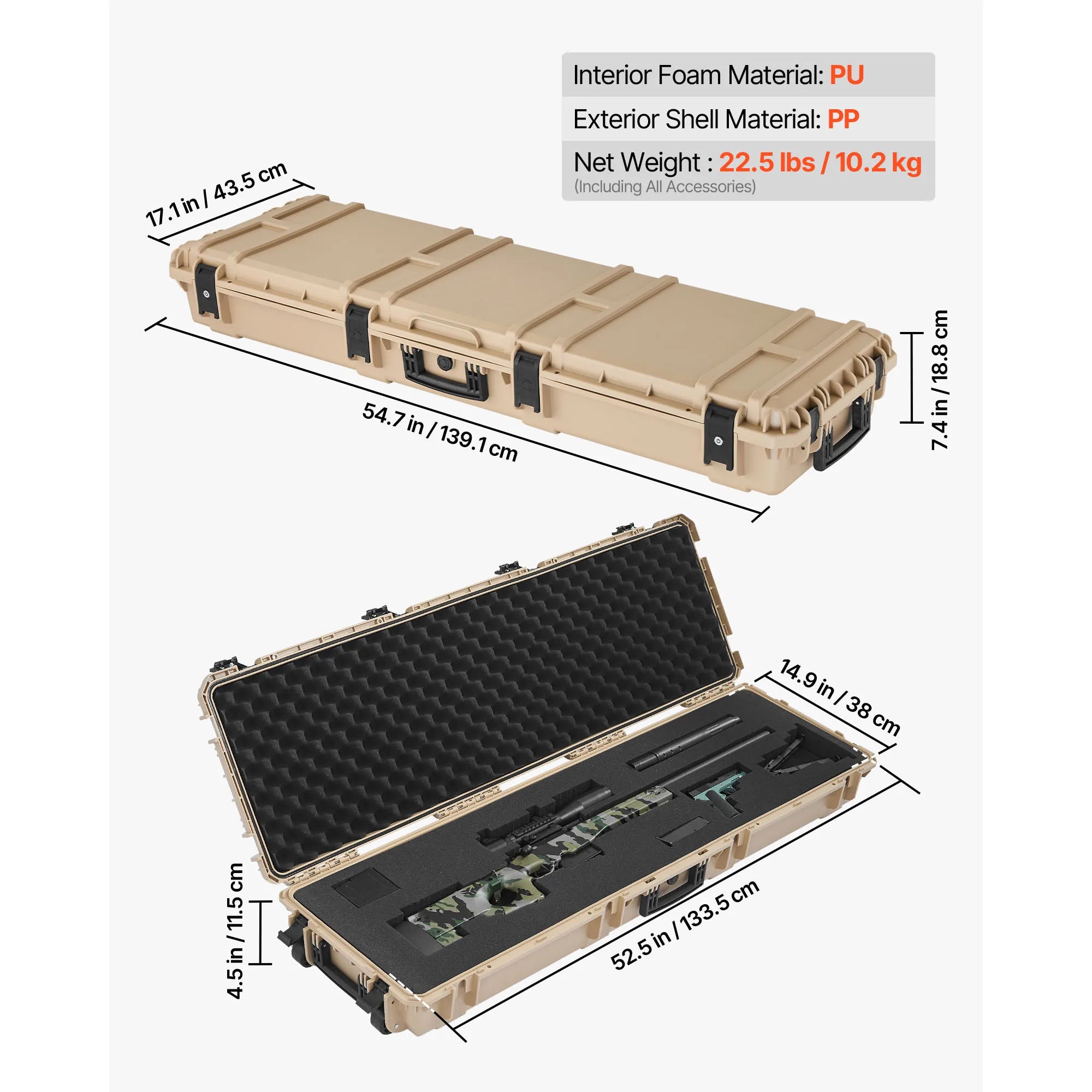 SucceBuy Hard Rifle Case Lockable Rifle Case with Pre-cut Foams Wheels IP67 Waterproof Pistol Storage Cases for Rifles Shotguns