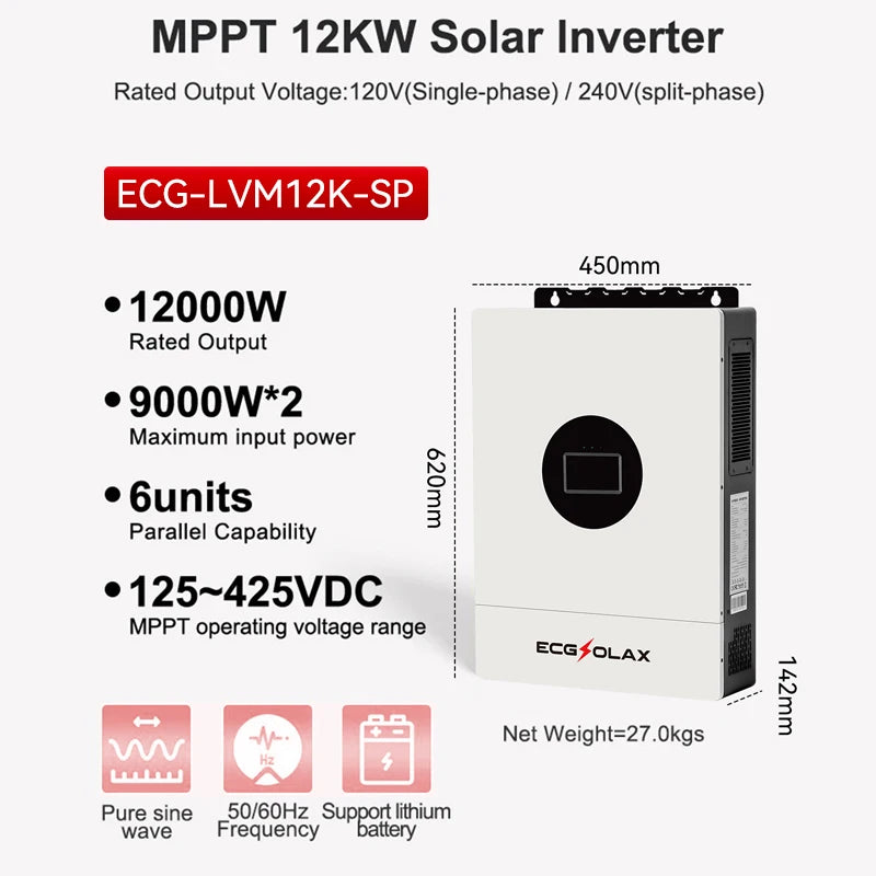 ECGSOLAX 7KW 12KW Hybrid Solar Inverter 48V 110V 240V Split Phase Pure Sine Wave Inverter With MPPT 120A 20A Solar Charger