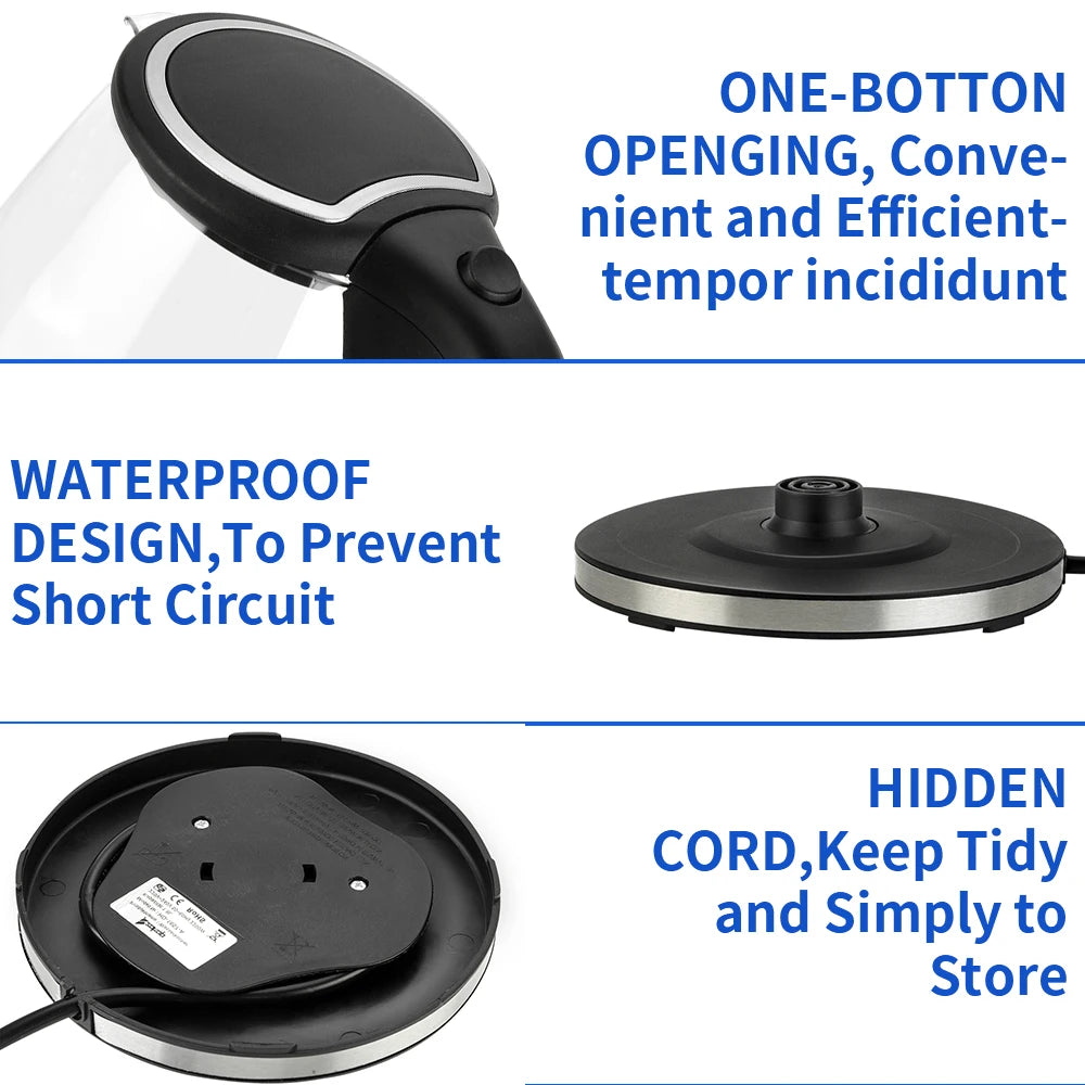 HD 1857 A 110V 1200W 1.8L Electric Glass Kettle US Plug Borosilicate Glass Blue LED Auto Shut Off 360 Rotation Base
