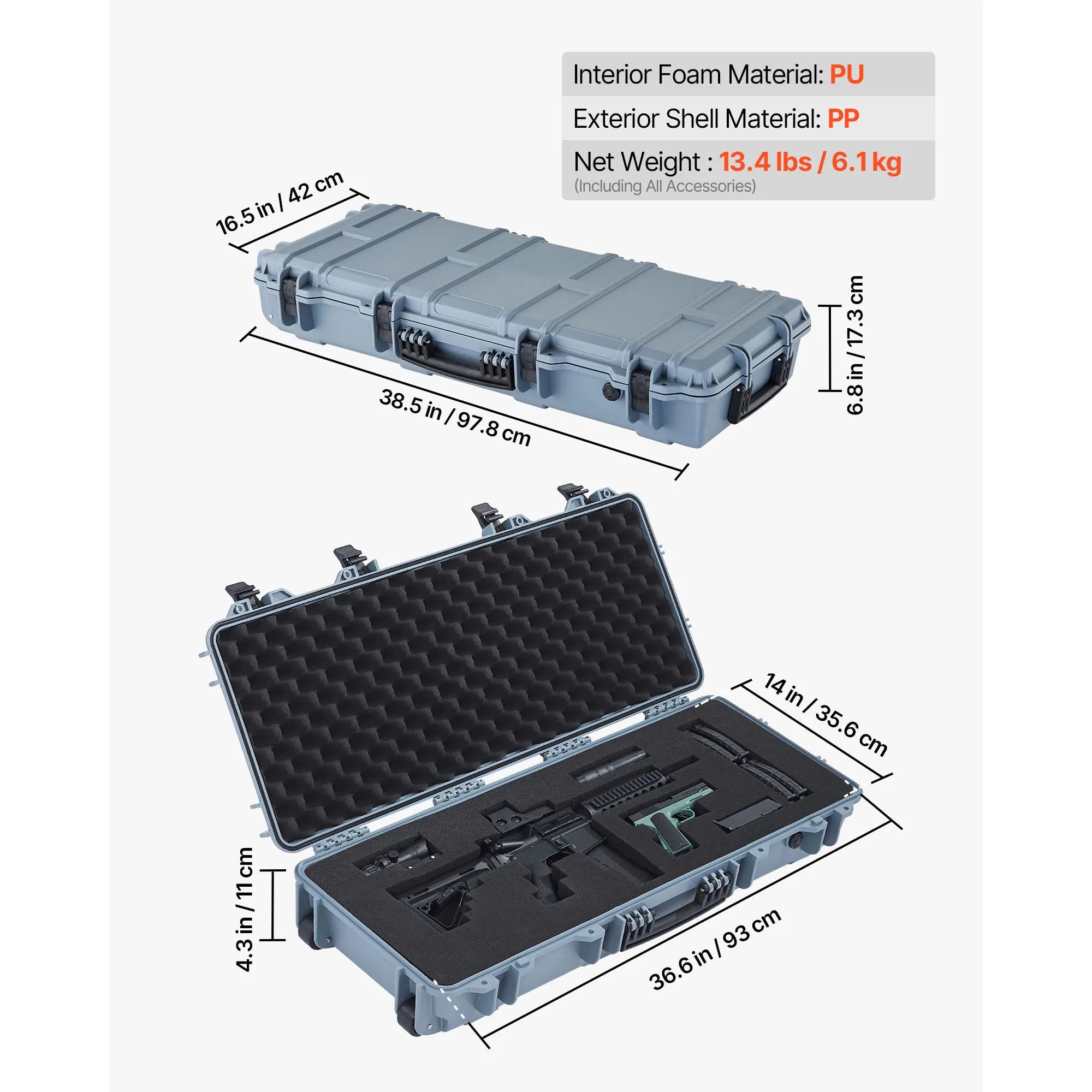 SucceBuy Hard Rifle Case Lockable Rifle Case with Pre-cut Foams Wheels IP67 Waterproof Pistol Storage Cases for Rifles Shotguns