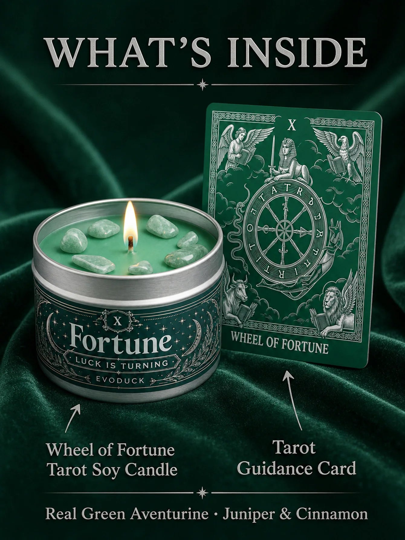 EVODUCK Wheel of Fortune Tarot Candle with Green Crystal Stones, Green Wax Scented Silver Tin Candle, Luck Is Turning Spiritual Ritual Candle for Meditation, Abundance Prosperity, Witchy Altar Decor, New Year Birthday Christm